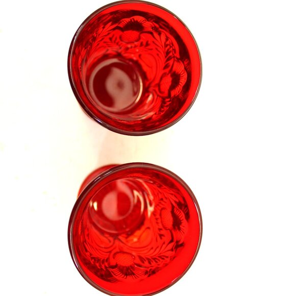 MOSSER RUBY RED GLASS PITCHER & (2) TUMBLERS INVERTED THISTLE PATTERN VINTAGE - Picture 3 of 10